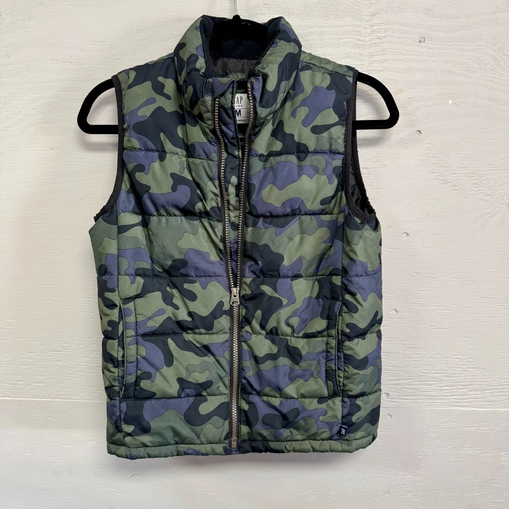 Gap Kids ColdControl Camo Puffer Vest Green Blue Camouflage Medium 8-9 Water Res